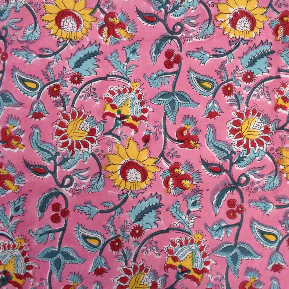 5 Yard Running Fabric Hand Block Printed Cotton 20 Sheeting Fabric Phuljhari Pink Gud 204756