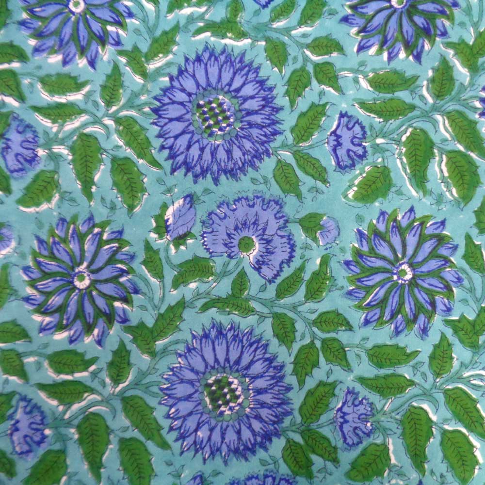 5 Yard Running Fabric Hand Block Printed Cotton 20 Sheeting Fabric Surajmukhi Blue Gud 106164
