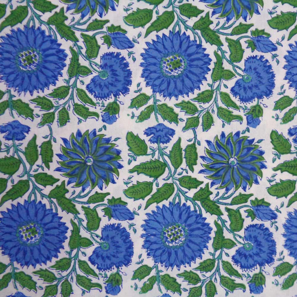 5 Yard Running Fabric Hand Block Printed Cotton 20 Sheeting Fabric Surajmukhi Blue Open 207560