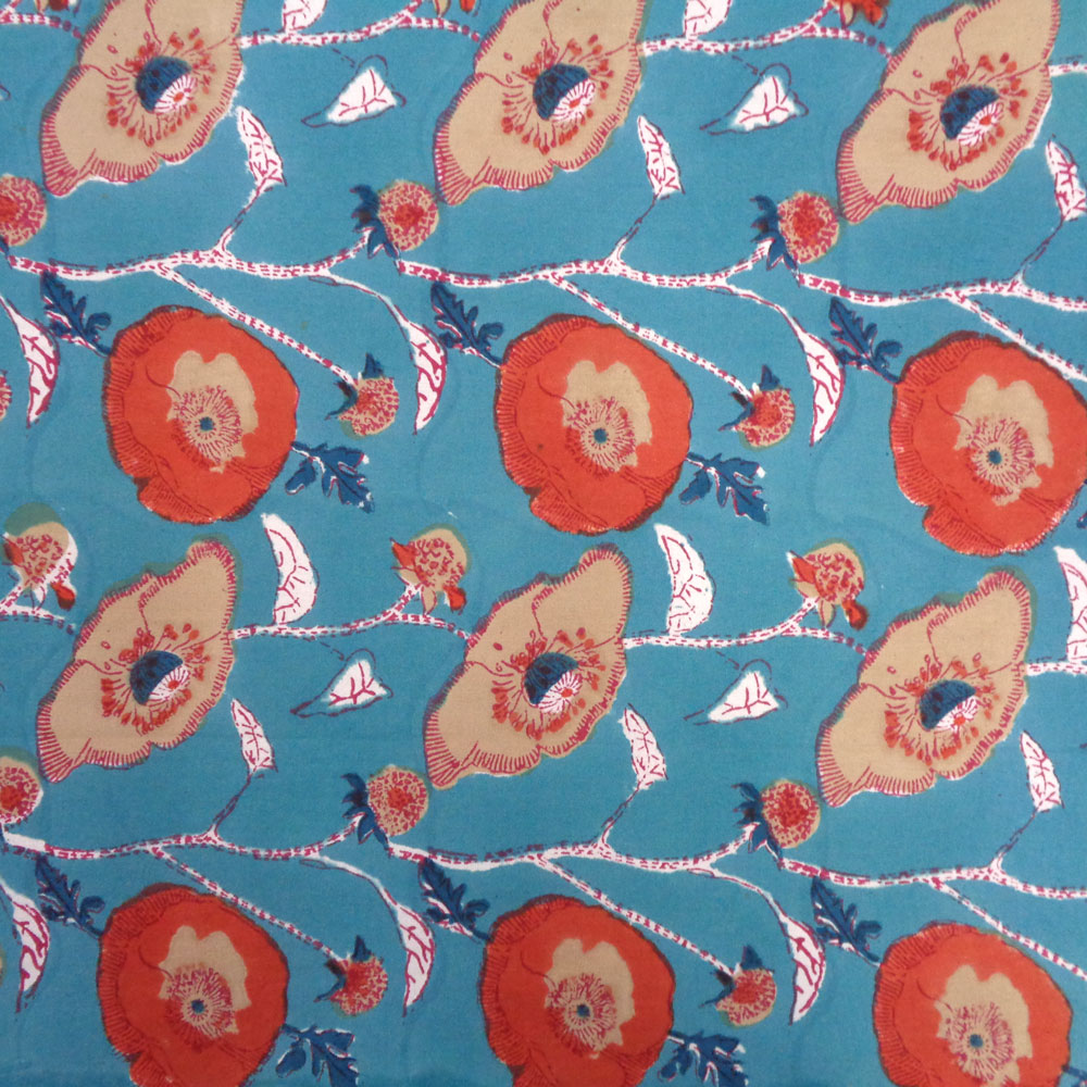 5 Yard Running Fabric  Hand Block Printed Cotton 20 Sheeting Fabric  Teal Flower Gud 109973