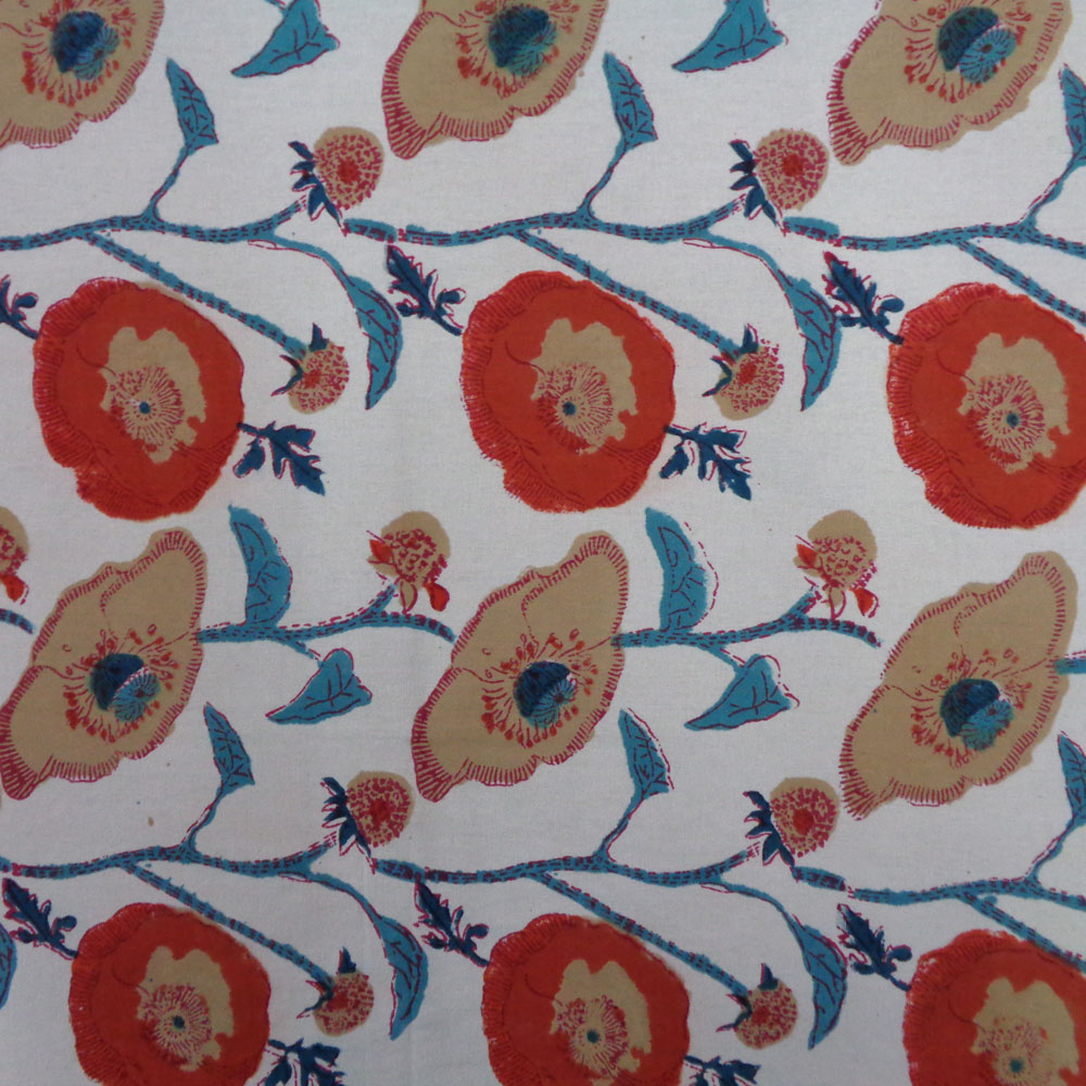 5 Yard Running Fabric Hand Block Printed Cotton 20 Sheeting Fabric Teal Flower Open 109975