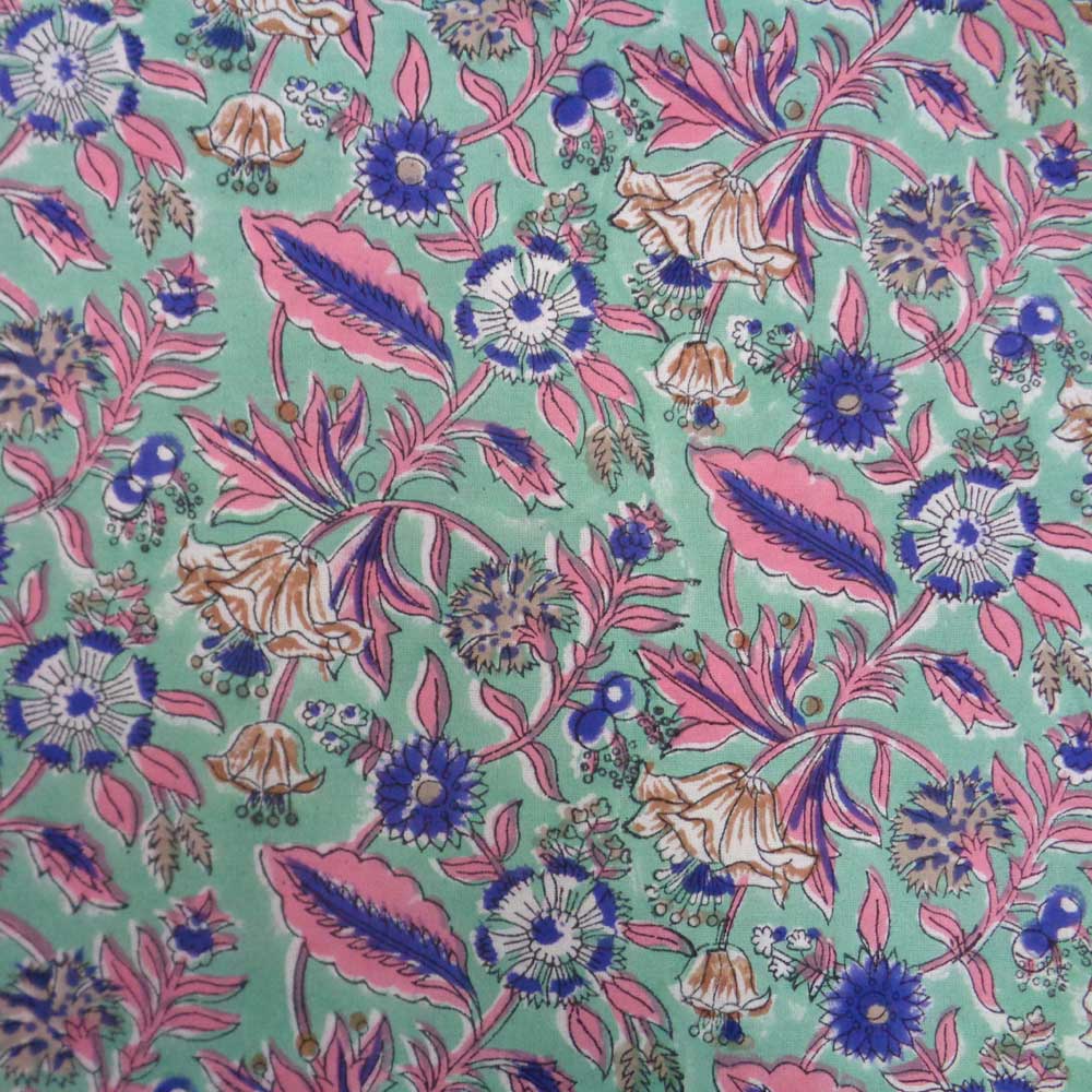 5 Yard Running Fabric Hand Block Printed Cotton 20 Sheeting Fabric Wild Flower Ocean Gud 106124