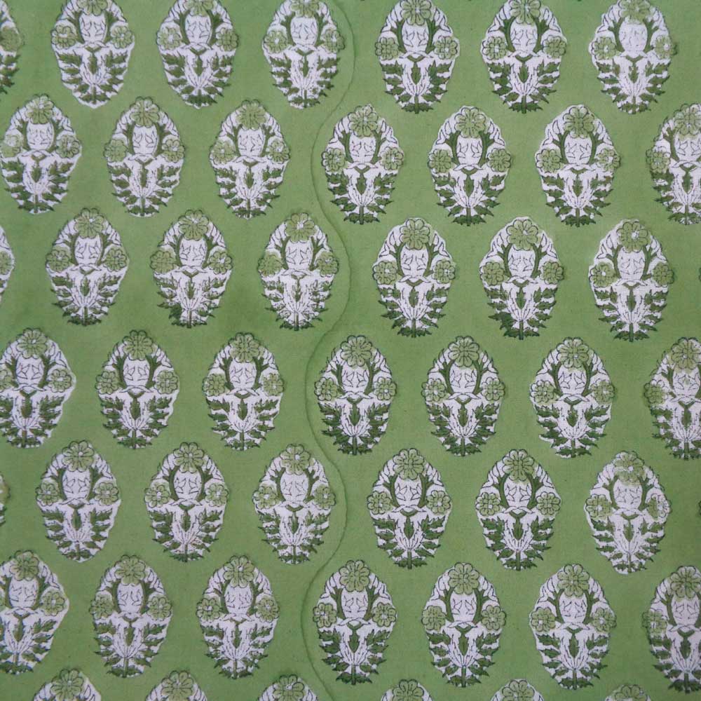 5 Yard Running Fabric Hand Block Printed Cotton Voile Fabric Boota Celadon Green Gud 100673