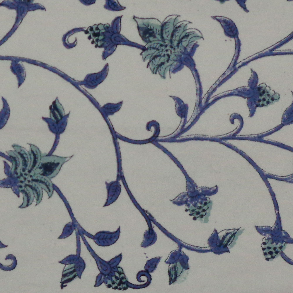 5 Yard Running Fabric Hand Block Printed Cotton Voile Fabric Floral Bale Blue 206120