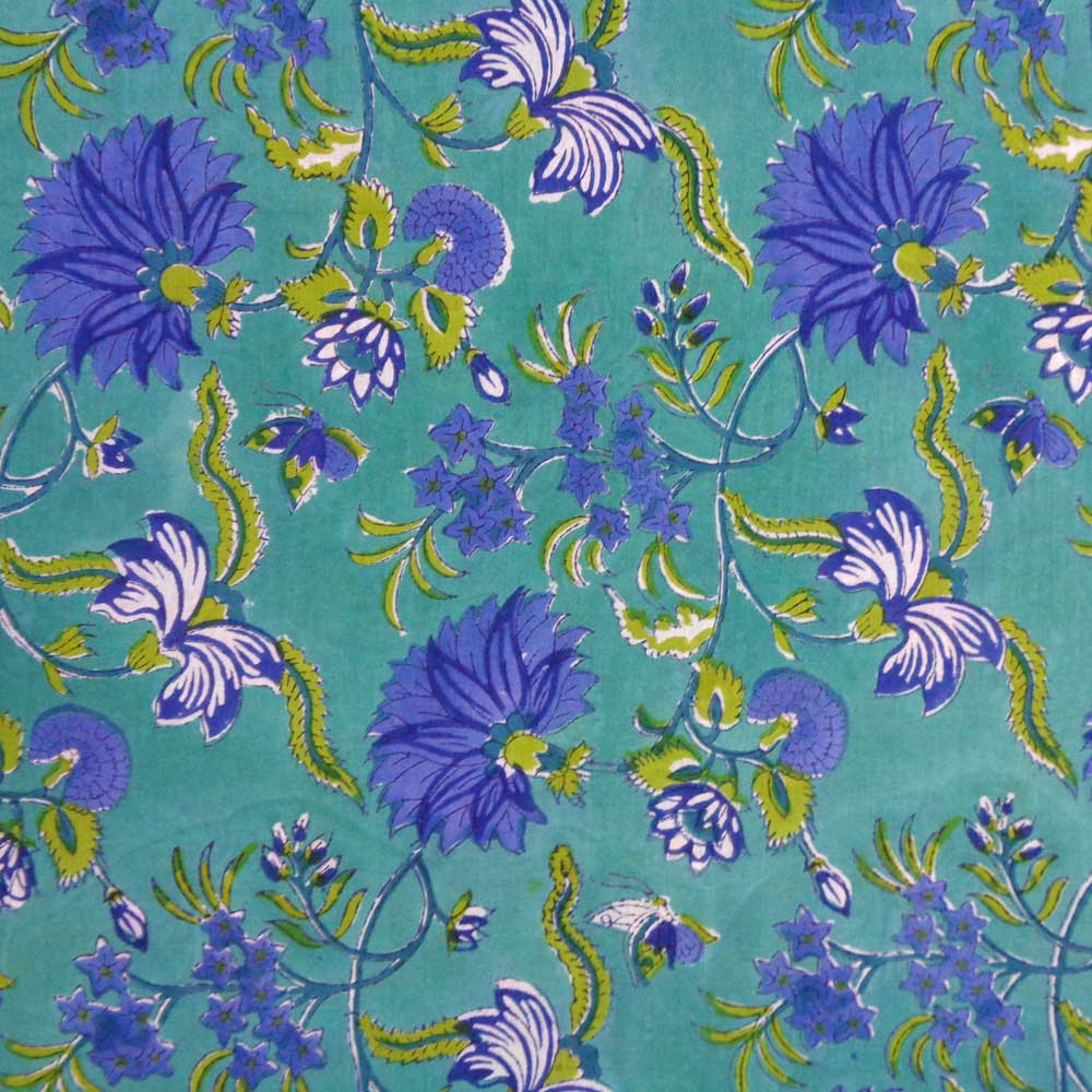 5 Yard Running Fabric Hand Block Printed Cotton Voile Fabric Flower Blossom Sea Green Gud 106040
