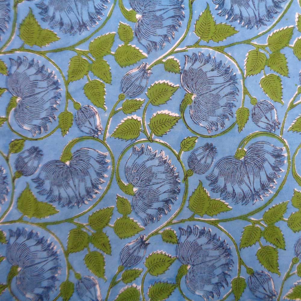 5 Yard Running Fabric Hand Block Printed Cotton Voile Fabric Kamal Aqua Gud 201171