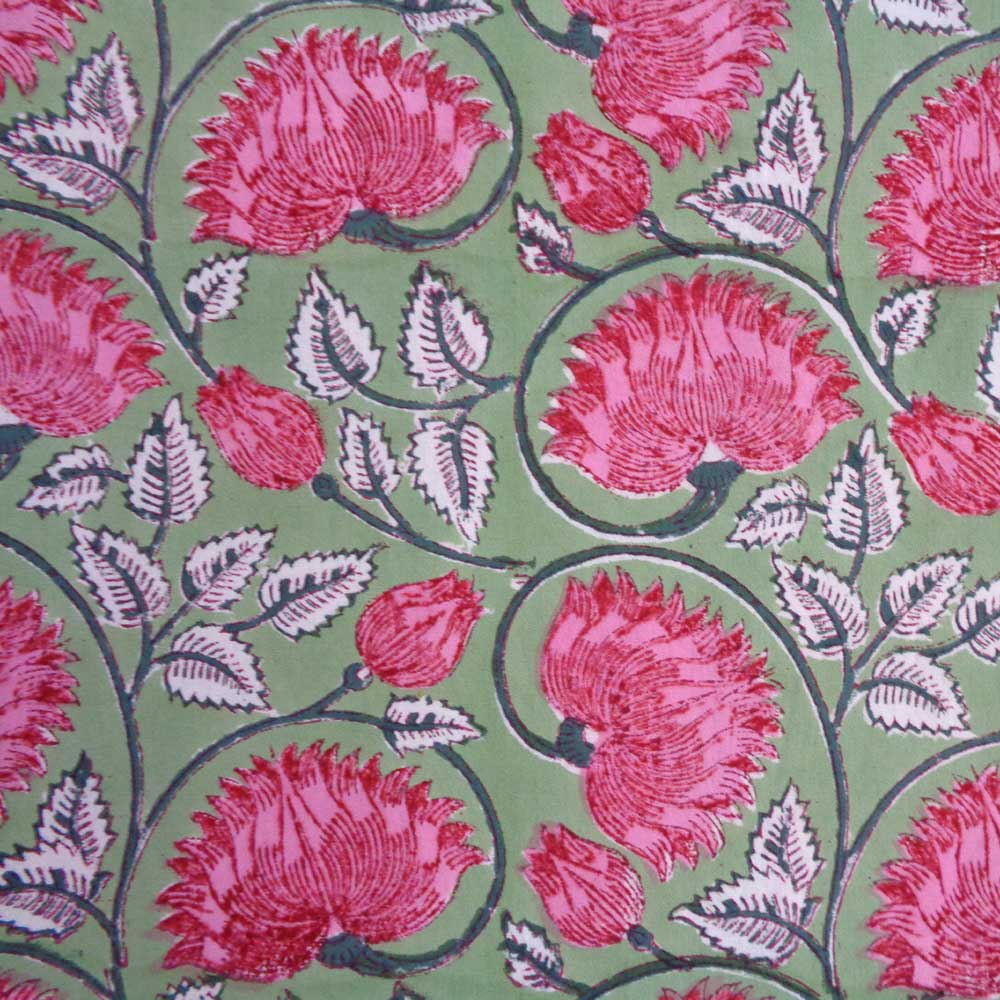 5 Yard Running Fabric Hand Block Printed Cotton Voile Fabric Kamal Gulabi Gud 206591