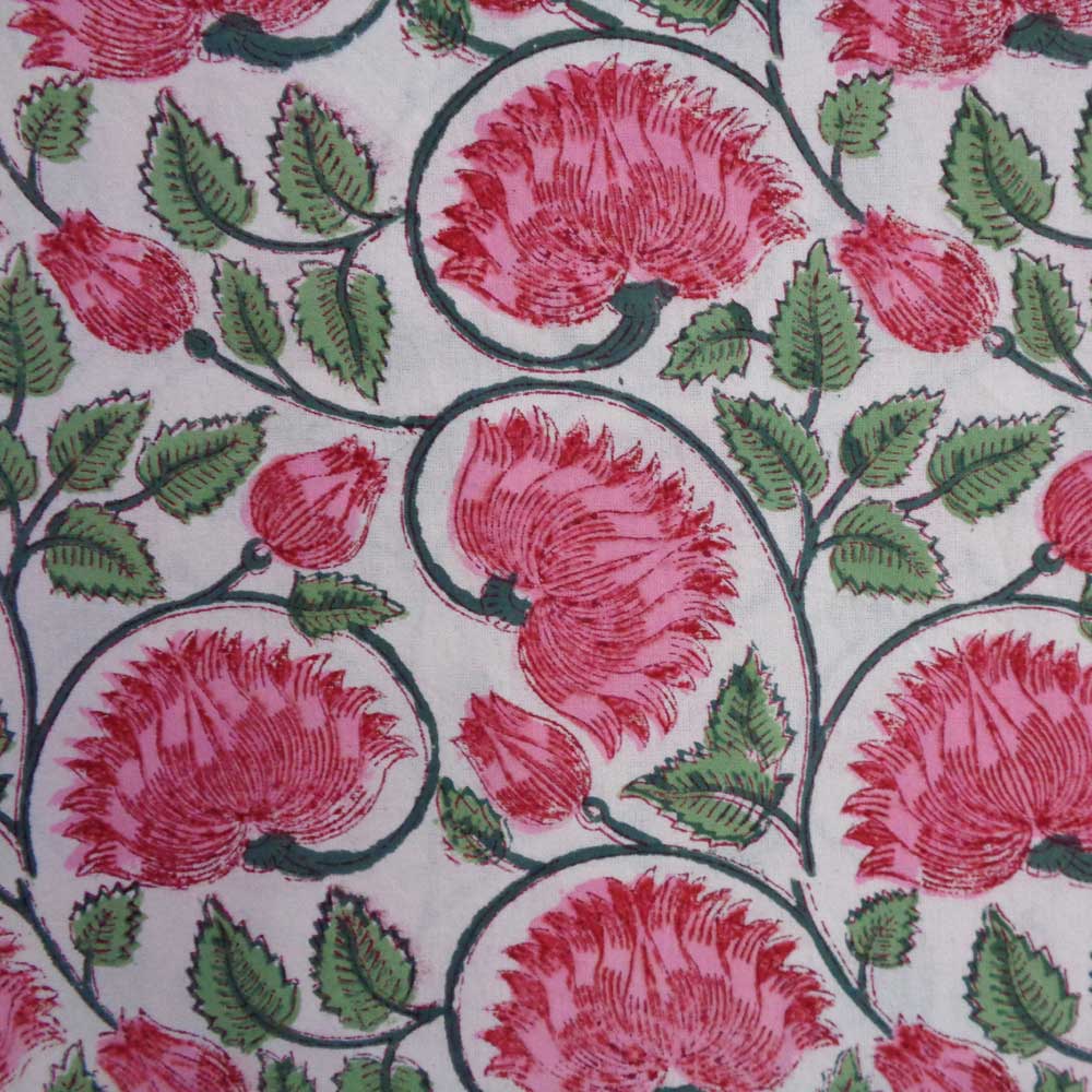 5 Yard Running Fabric  Hand Block Printed Cotton Voile Fabric  Kamal Gulabi Open 103739