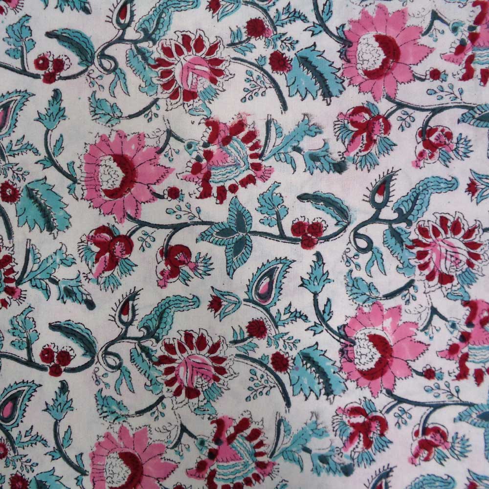5 Yard Running Fabric Hand Block Printed Cotton Voile Fabric Phuljhari Pink Open 208155
