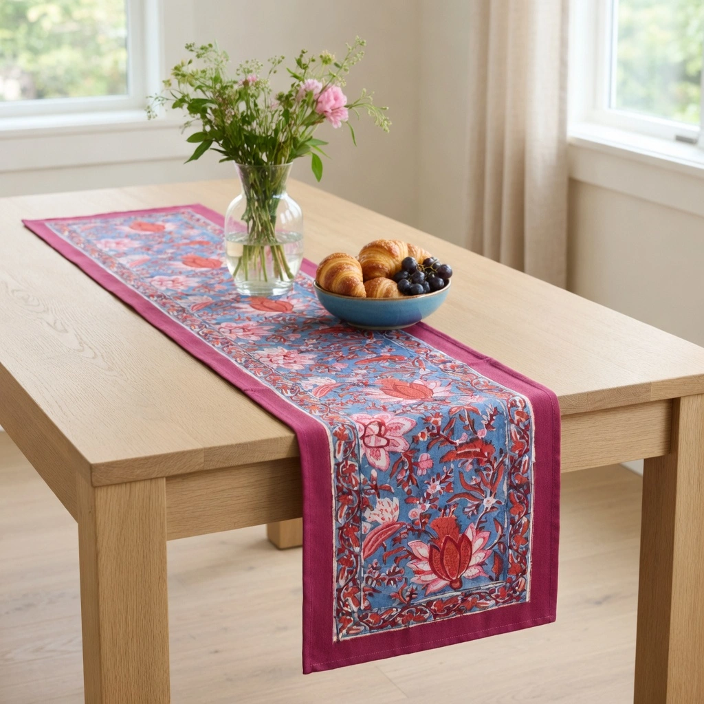 Hand Block Printed Cotton Canvas Table Runner 33x170 cms Firdaus Gud 204865