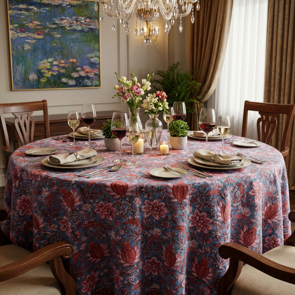 Image of Hand Block Printed Cotton Round Tablecloth 275 cms | Firdaus Gud 204865