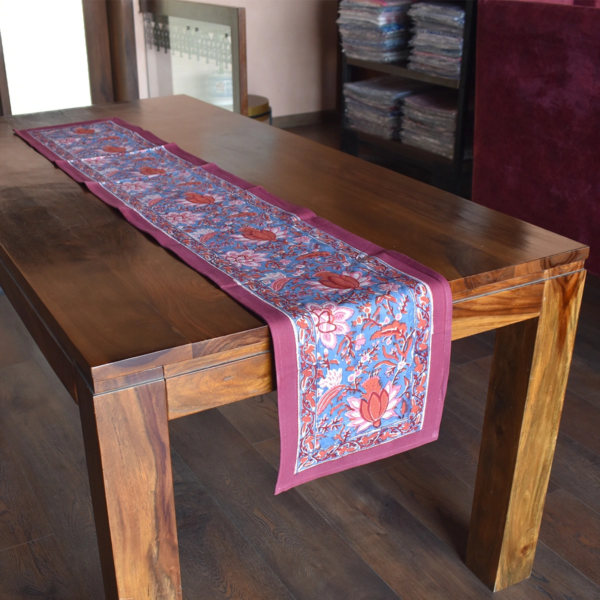 Hand Block Printed Cotton Canvas Table Runner 33x170 cms Firdaus Gud 204865