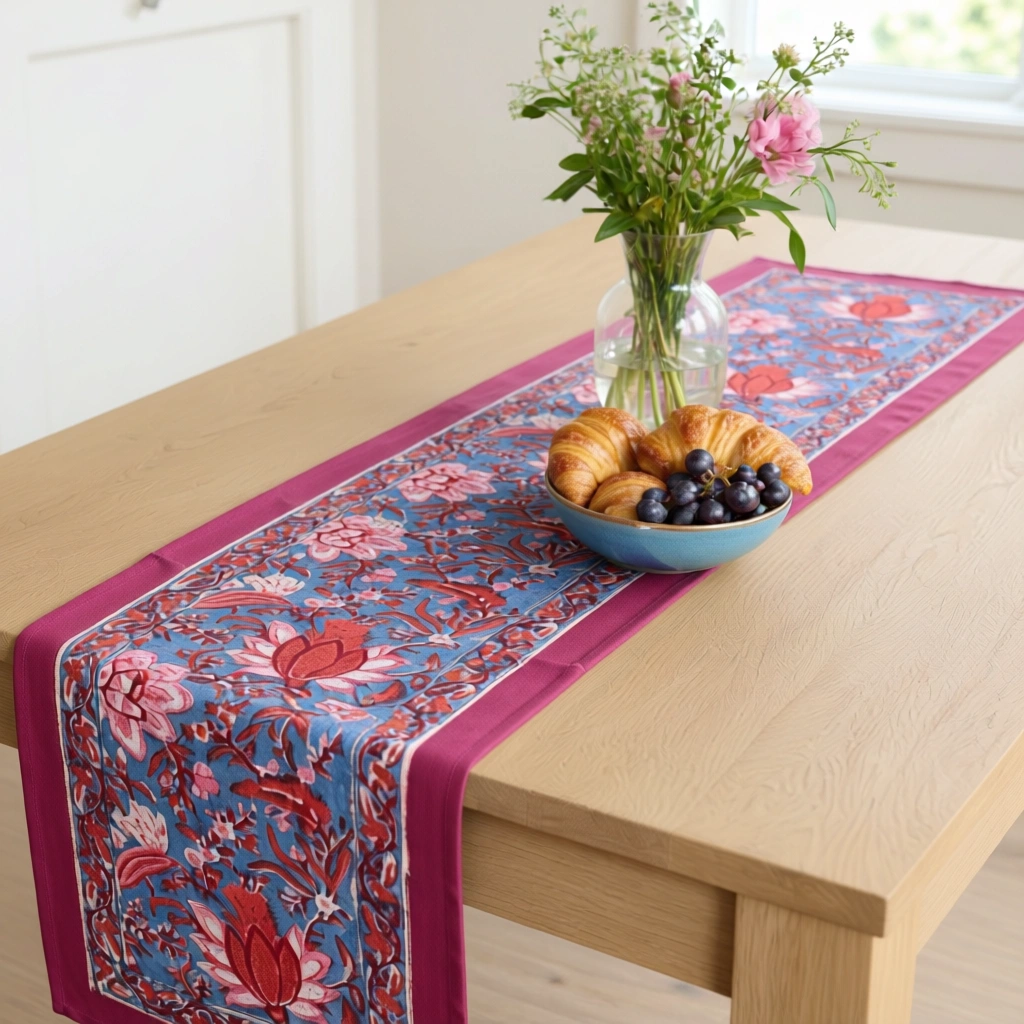 Hand Block Printed Cotton Canvas Table Runner 33x170 cms Firdaus Gud 204865