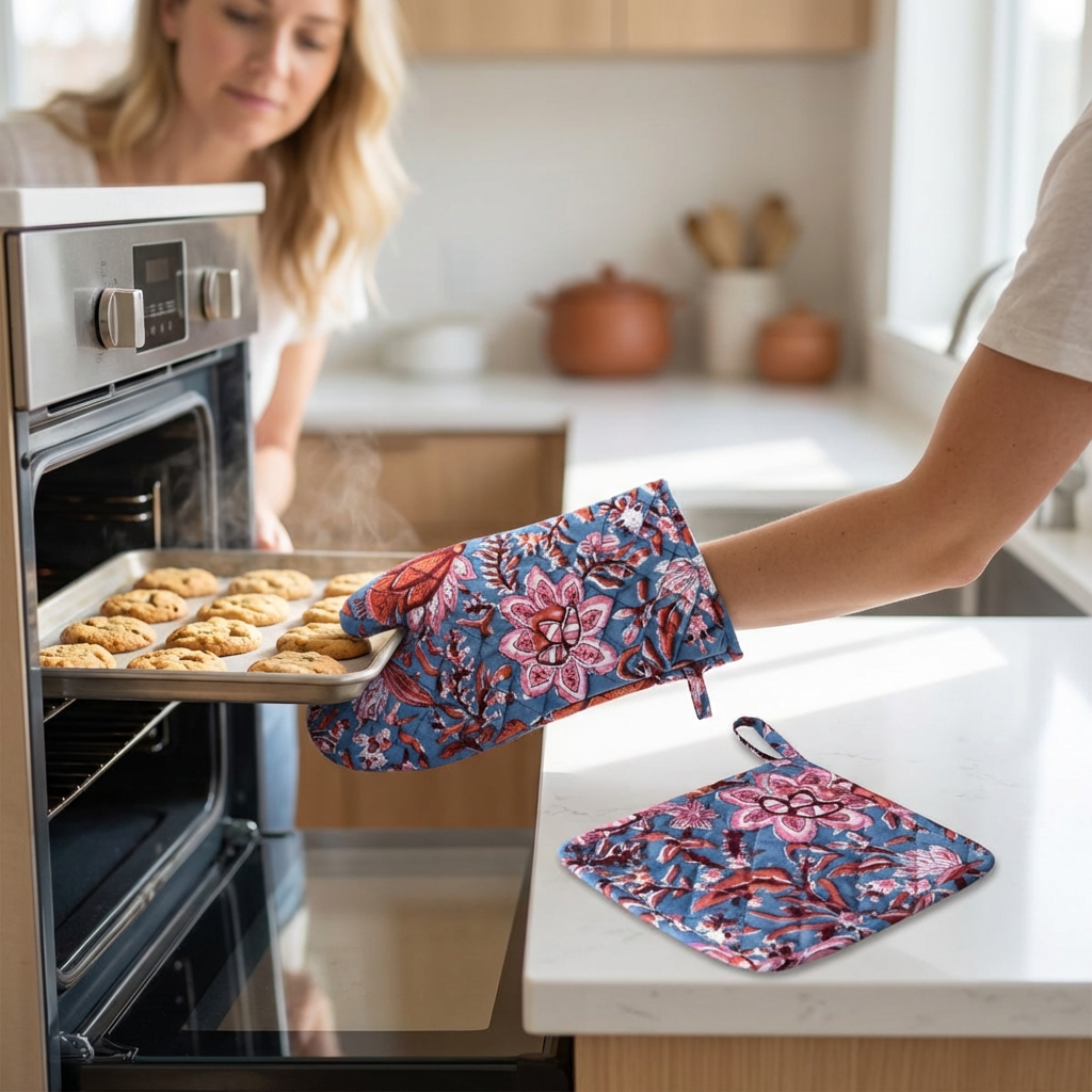 Artisan-Made Hand Block Printed Oven Mitt and Pot Holder Set  Firdaus Gud 204865