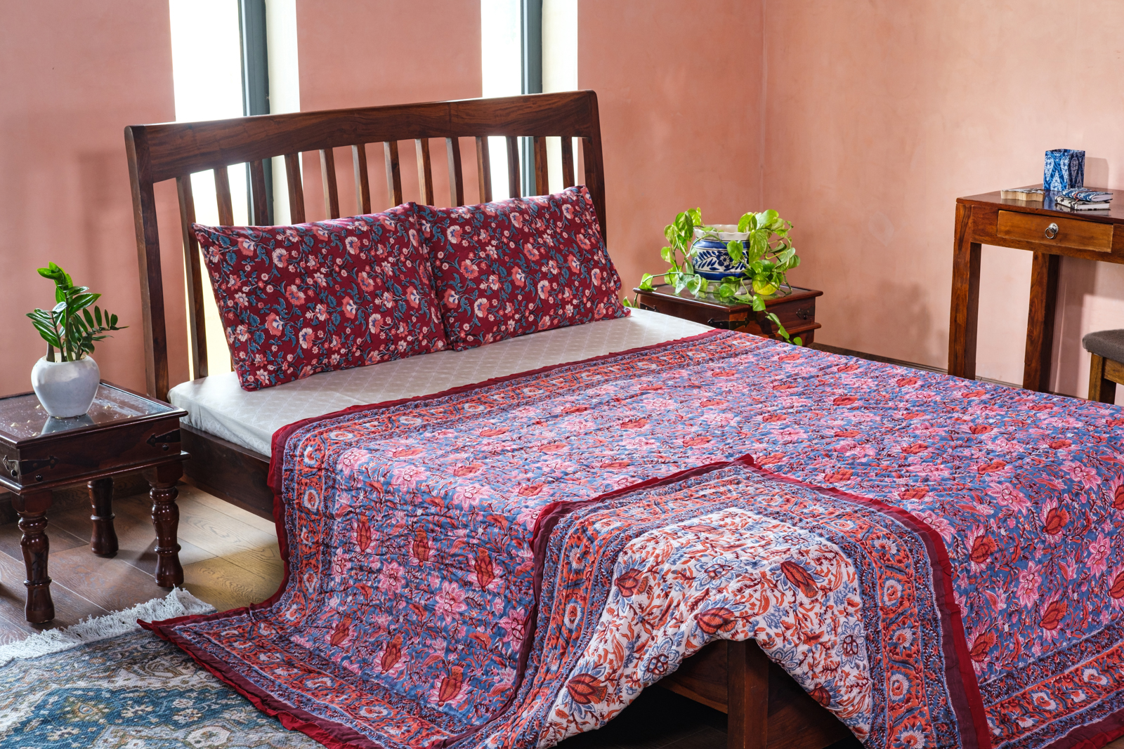 Hand Block Printed Cotton Queen Size Quilt Firdaus Gud 204865