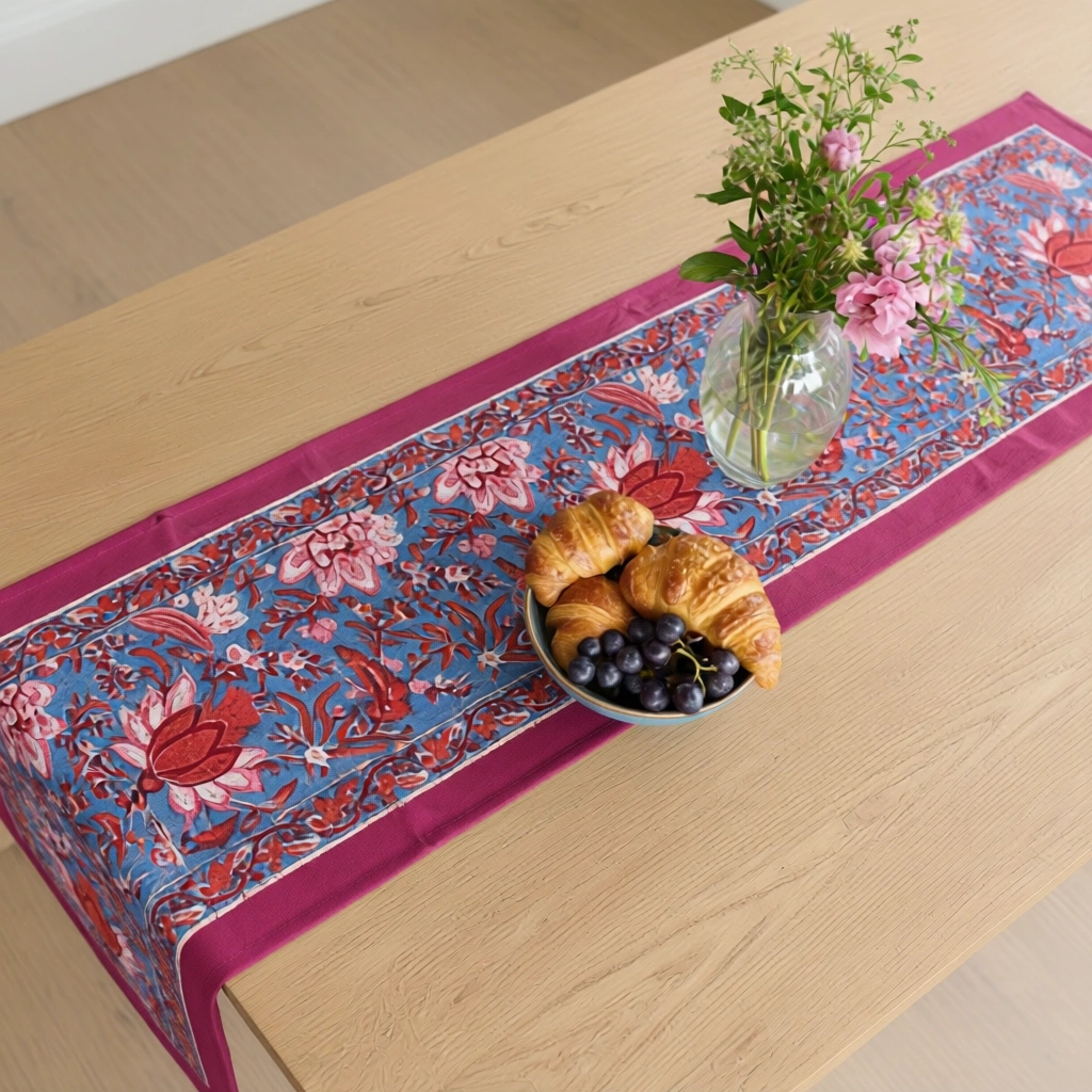 Hand Block Printed Cotton Canvas Table Runner 33x170 cms Firdaus Gud 204865