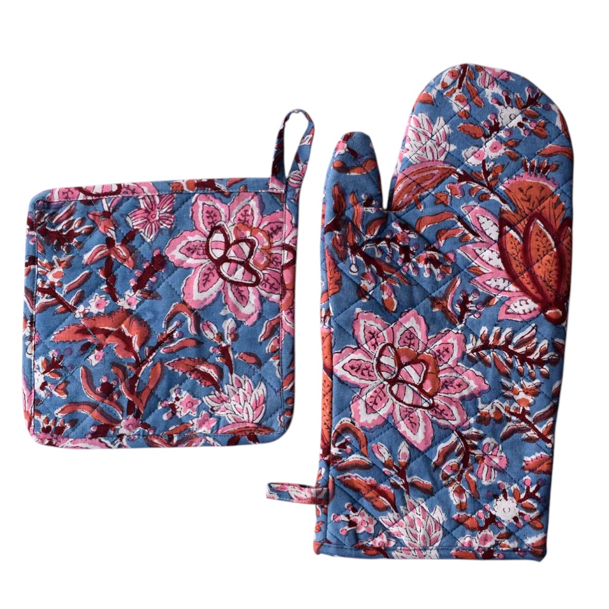 Artisan-Made Hand Block Printed Oven Mitt and Pot Holder Set  Firdaus Gud 204865