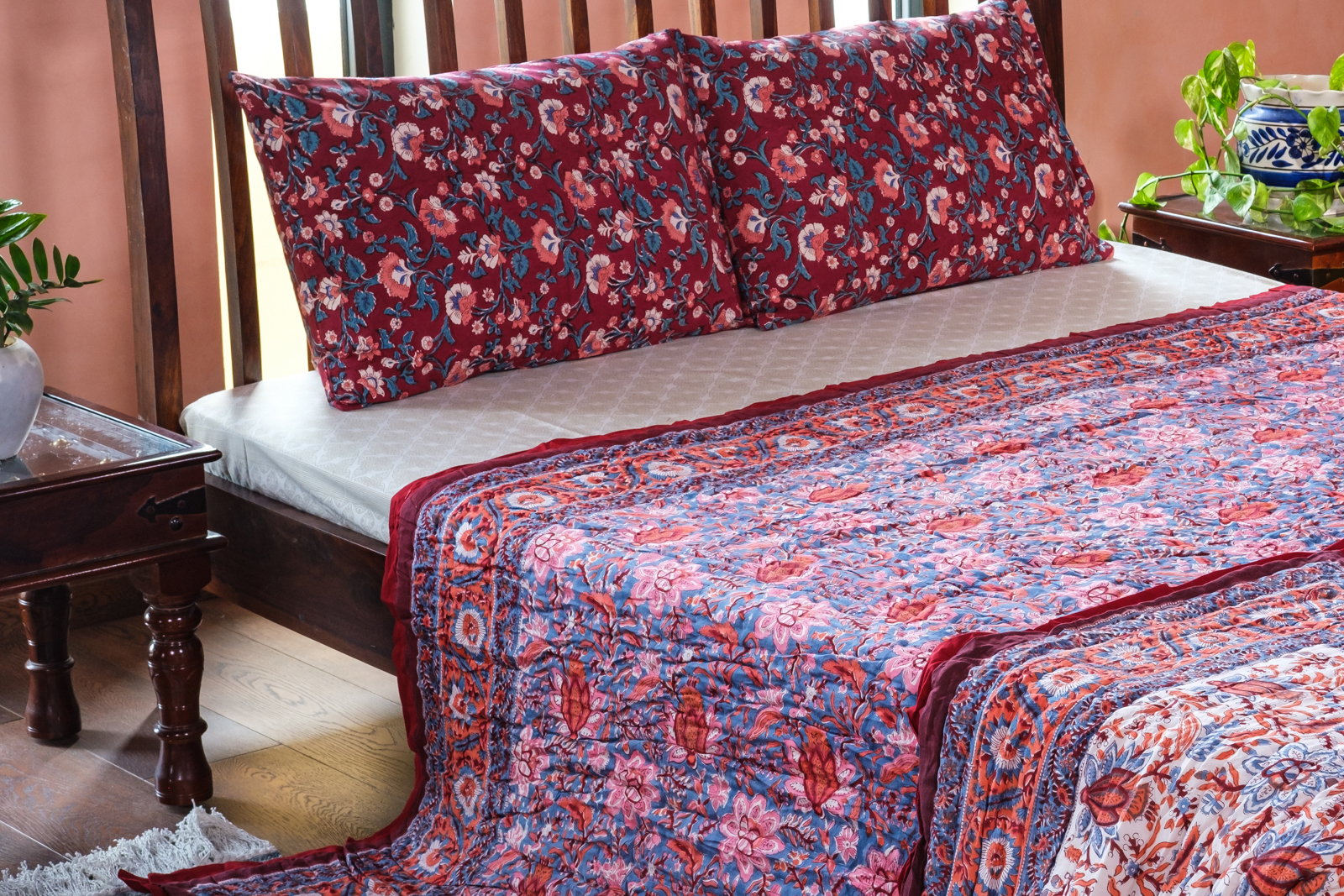 Hand Block Printed Cotton Queen Size Quilt Firdaus Gud 204865