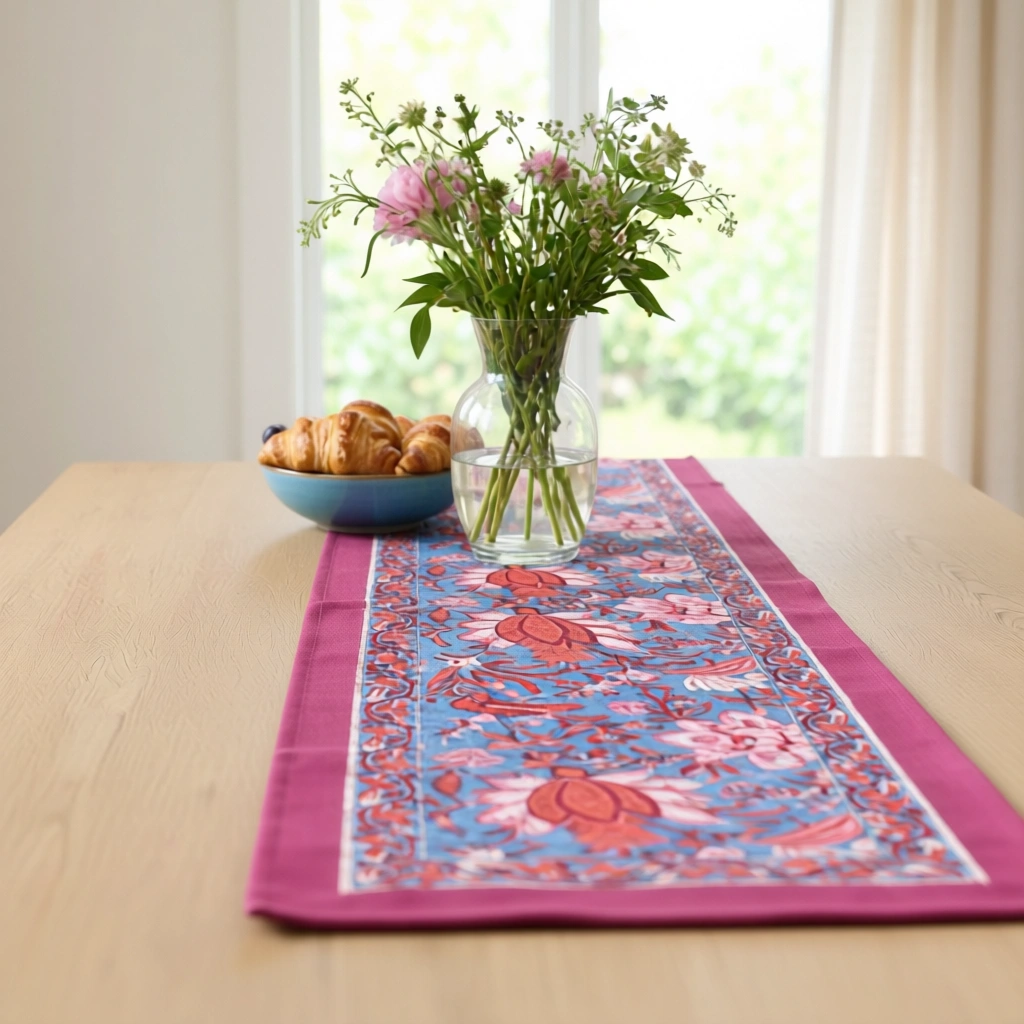 Hand Block Printed Cotton Canvas Table Runner 33x170 cms Firdaus Gud 204865