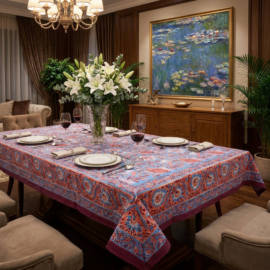 Square Tablecloth in Cotton Hand Block Printed Cotton Tablecloth 150x150 cms Firdaus Gud 204865