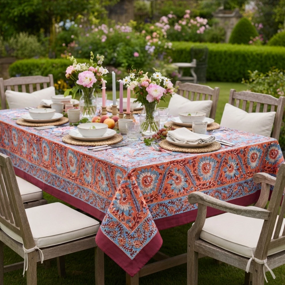 Image of Hand Block Printed Cotton Tablecloth 180x270 cms | Firdaus Gud 204865