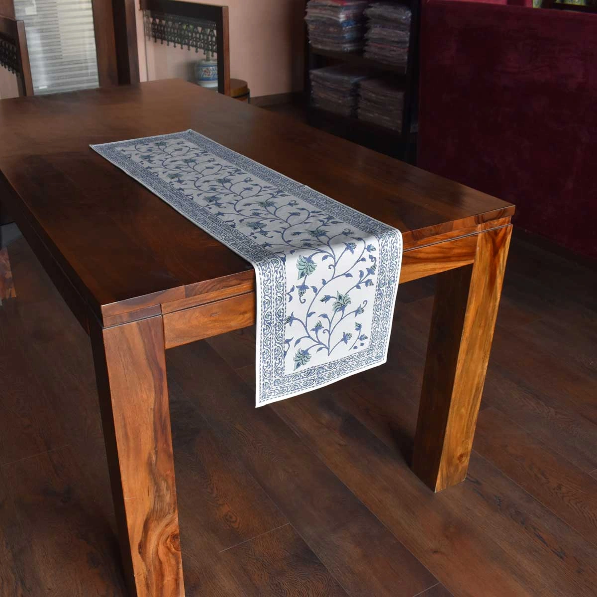 Hand Block Printed Cotton Canvas Table Runner 33x120 cms Floral Bale Blue 101259