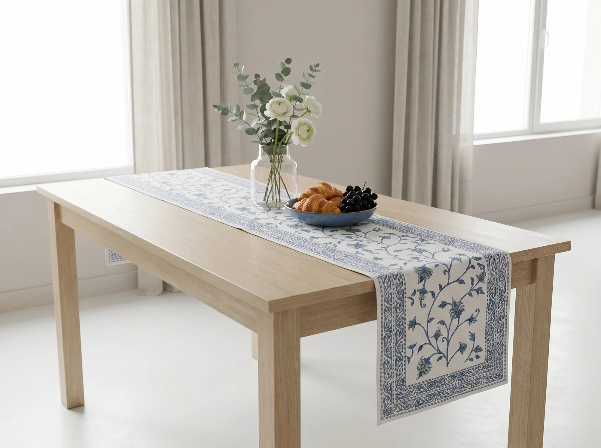 Hand Block Printed Cotton Canvas Table Runner 33x120 cms Floral Bale Blue 101259