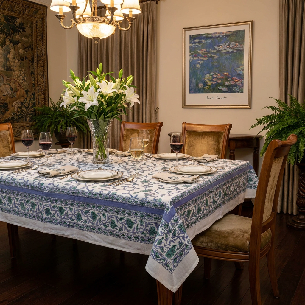 Square Tablecloth in Cotton Hand Block Printed Cotton Tablecloth 180x180 cms Floral Bale Blue 201452
