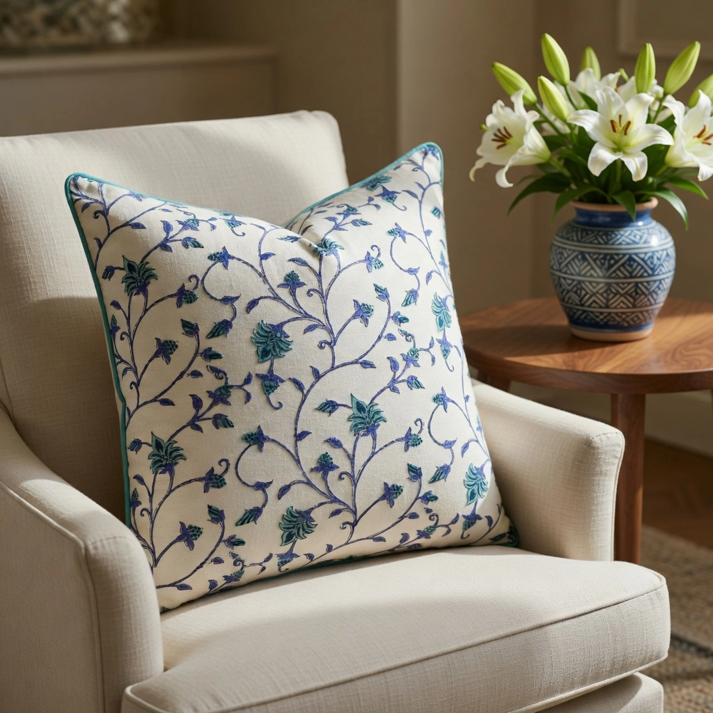 Piping Cushion Cover 50x50 cms Floral Bale Blue 202862