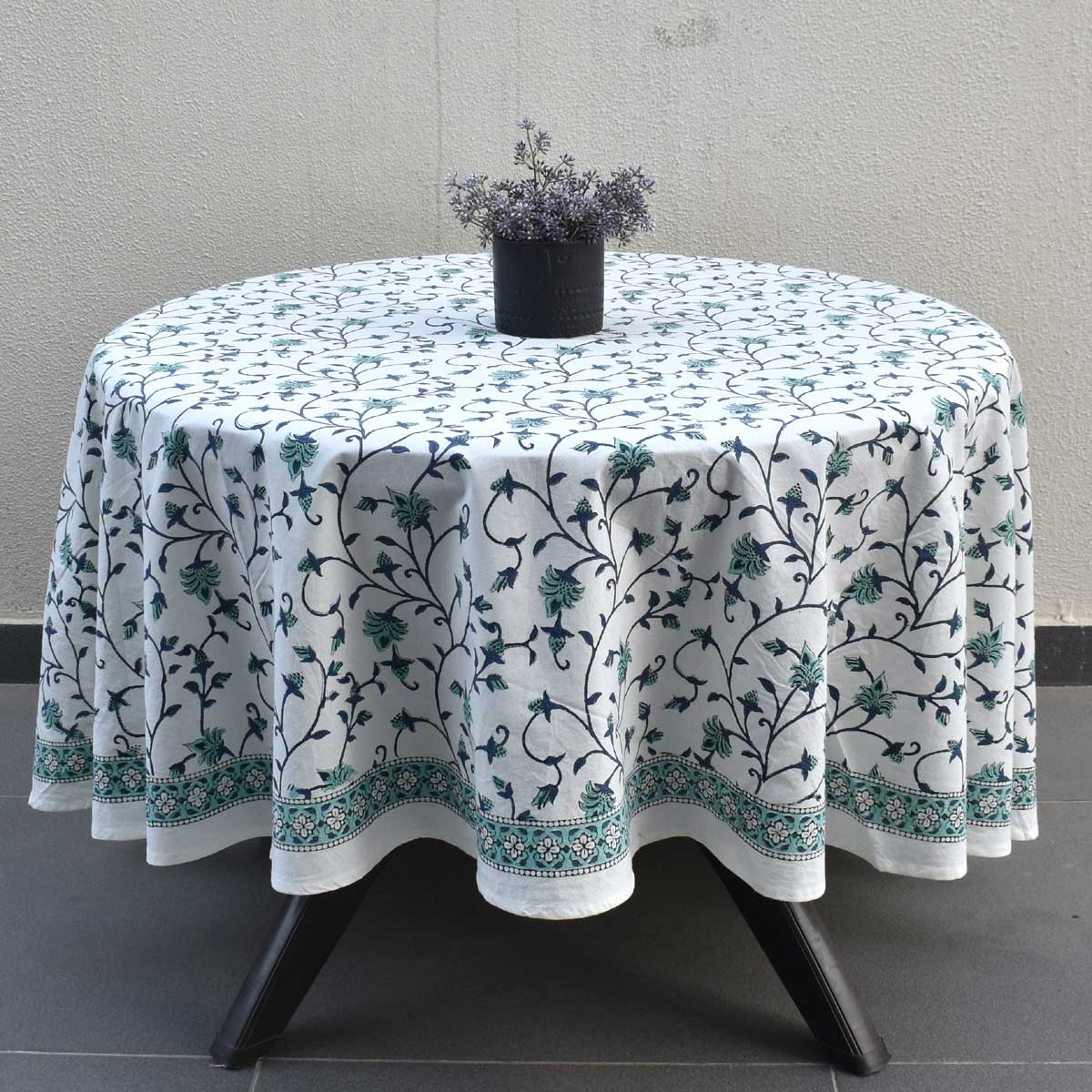 Hand Block Printed Cotton Round Tablecloth 220 cms Floral Bale Blue 203870