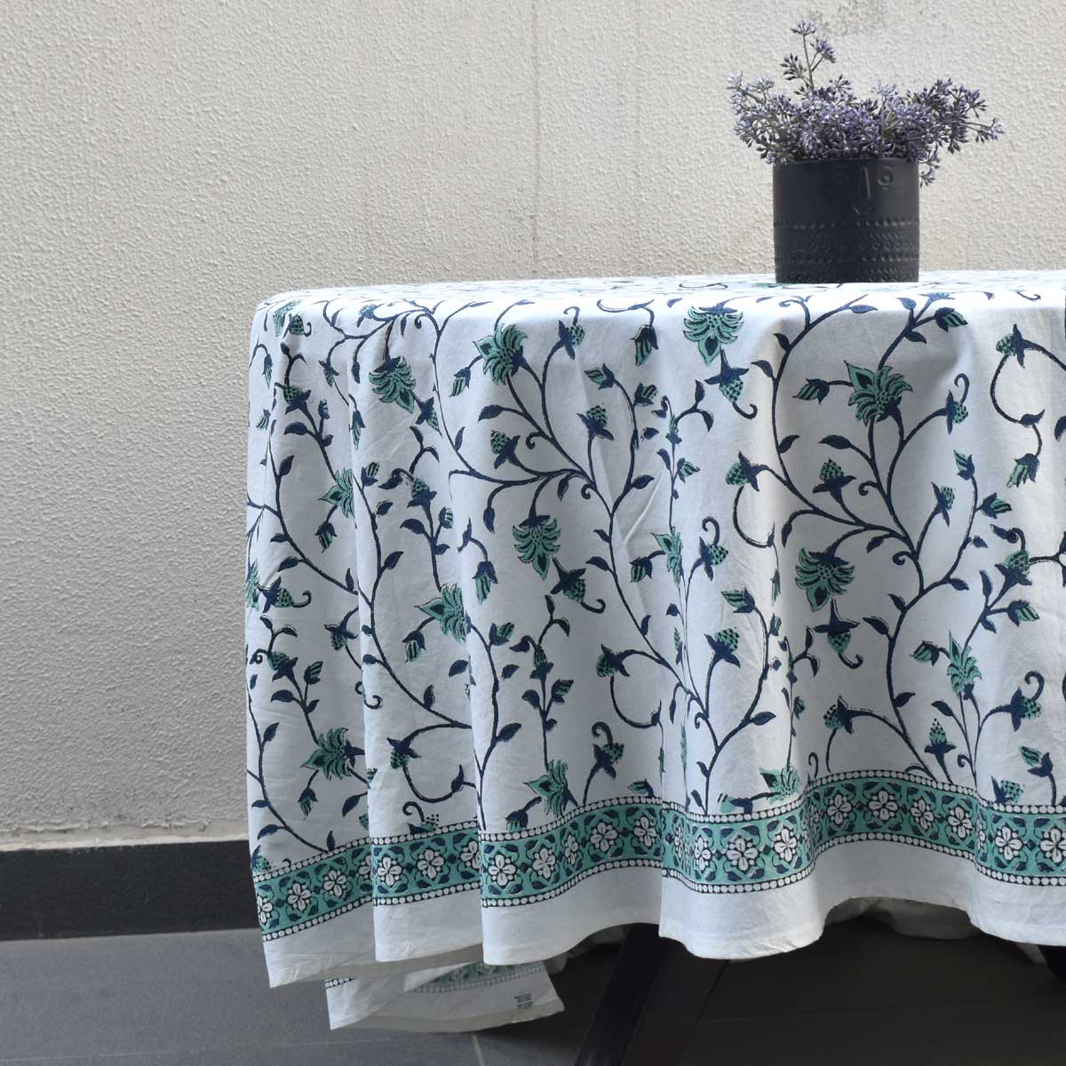 Hand Block Printed Cotton Round Tablecloth 220 cms  Floral Bale Blue 203870