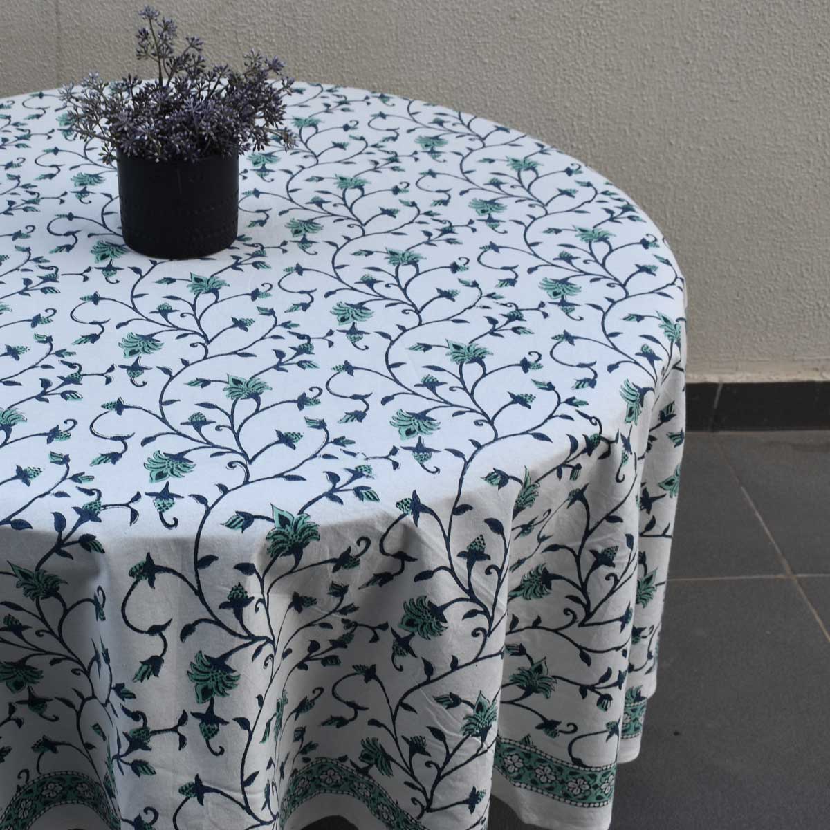 Hand Block Printed Cotton Round Tablecloth 180 cms Floral Bale Blue 203870