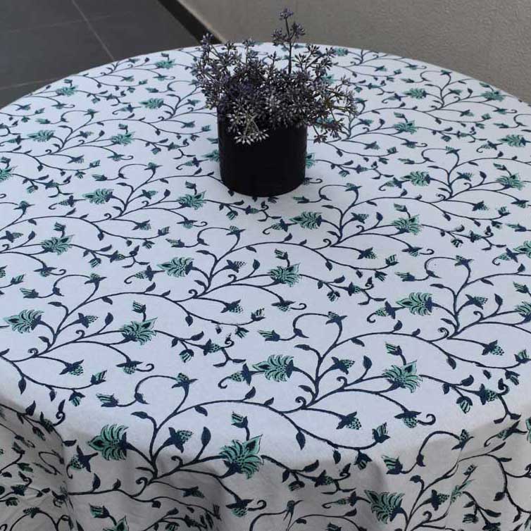Hand Block Printed Cotton Round Tablecloth 220 cms  Floral Bale Blue 203870