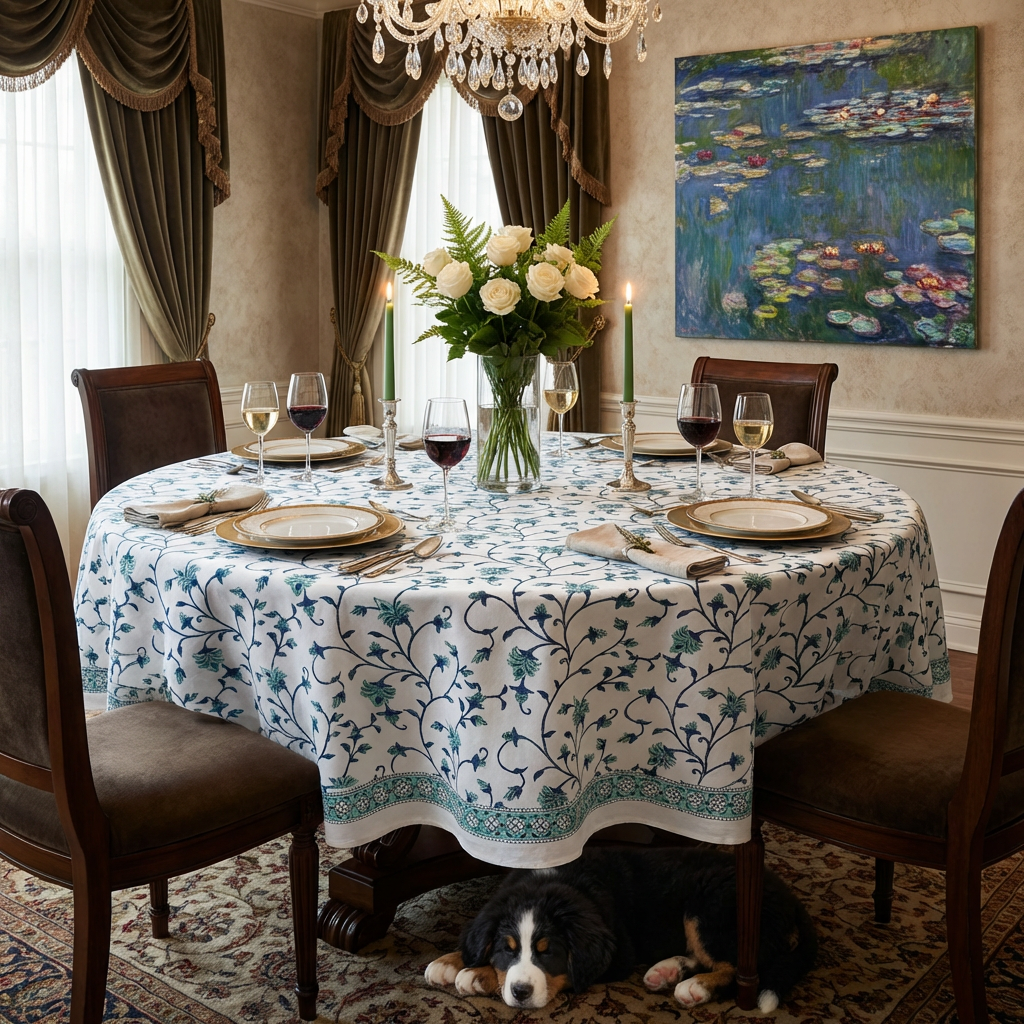 Hand Block Printed Cotton Round Tablecloth 220 cms Floral Bale Blue 203870