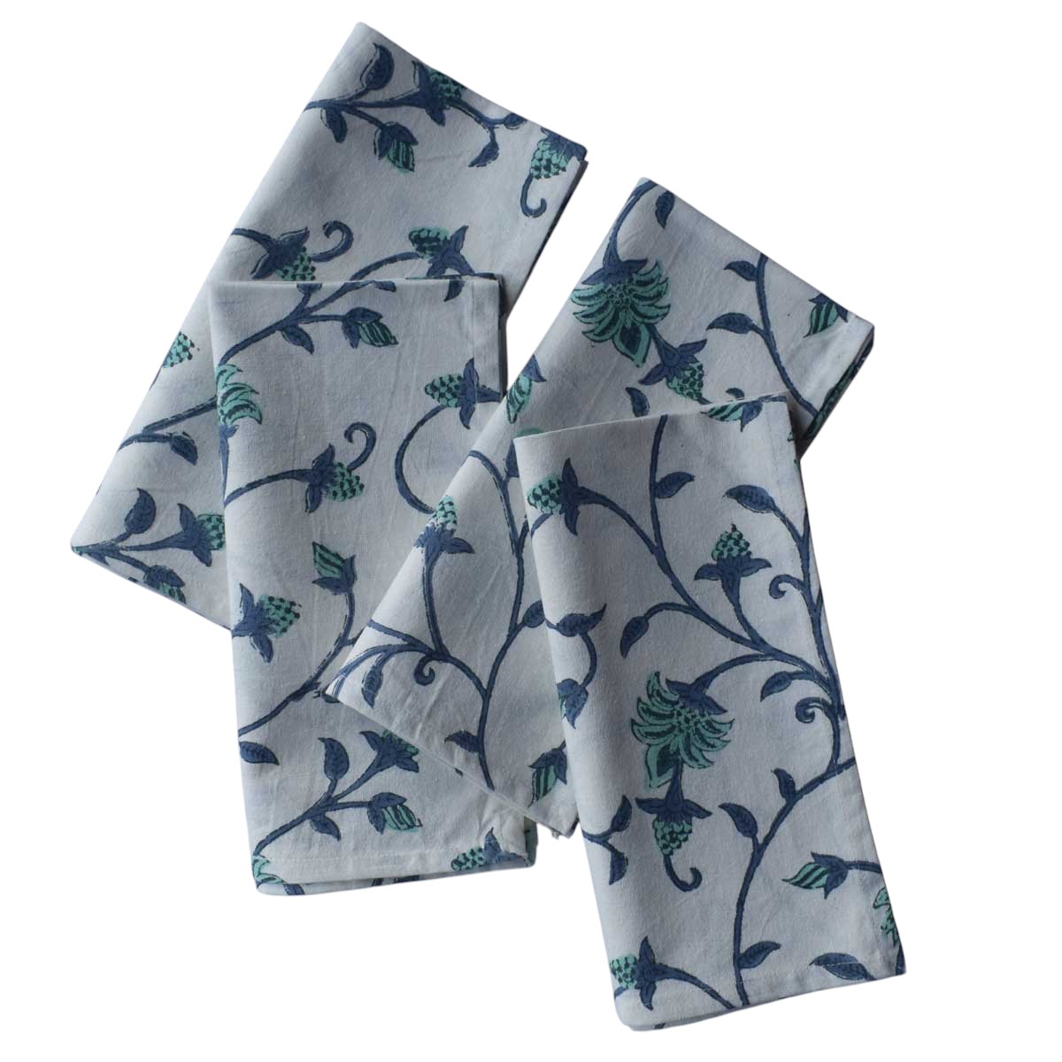 Hand Block Printed Cotton Napkin 45x45 cms Set of 4 Napkins Floral Bale Blue 204257