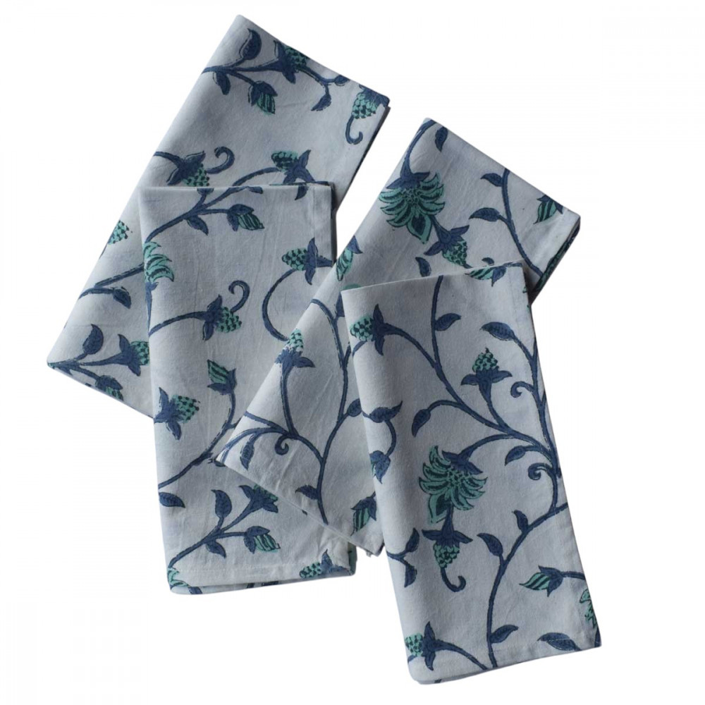 Image of Hand Block Printed Cotton Napkin 45x45 cms (Set of 4 Napkins) | Floral Bale Blue 204257
