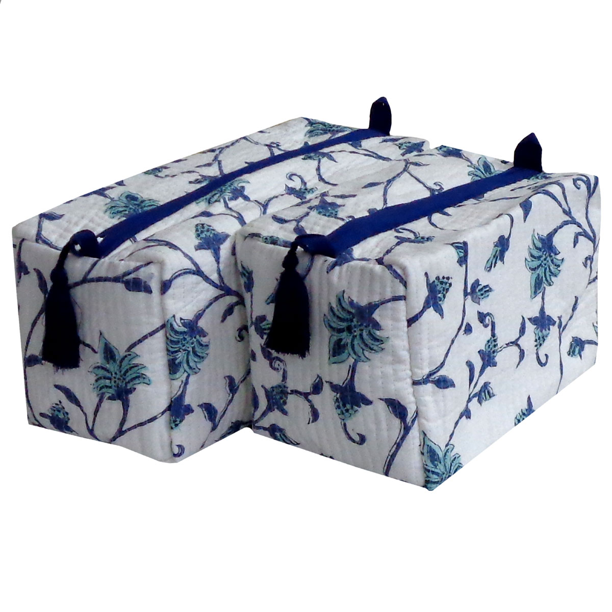 Hand Block Printed Cotton Quilted Cosmetic Bag Set of 2  Floral Bale Blue 307035