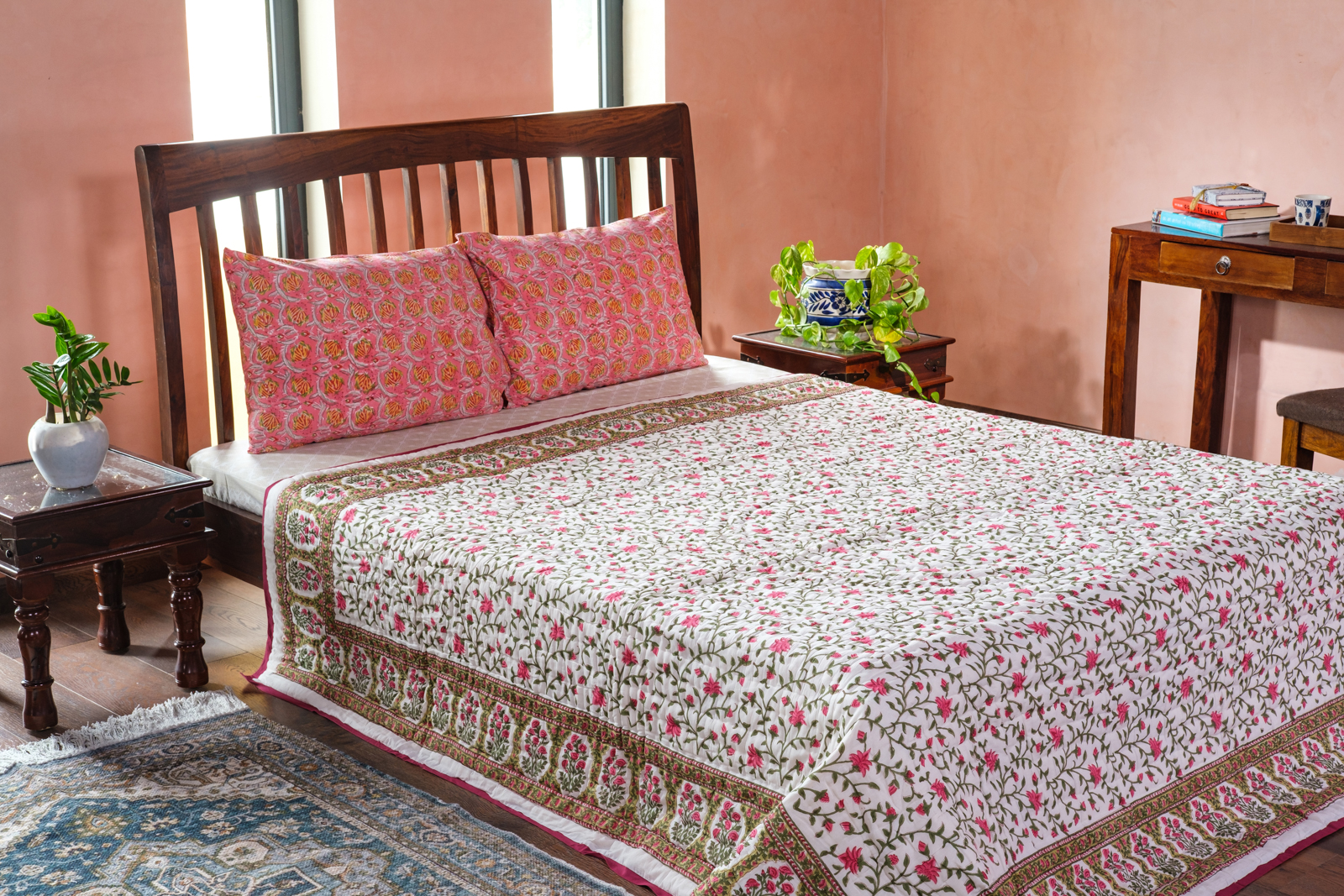 Queen Size Soft Cotton Quilt Handmade Floral Bale Pink 103562
