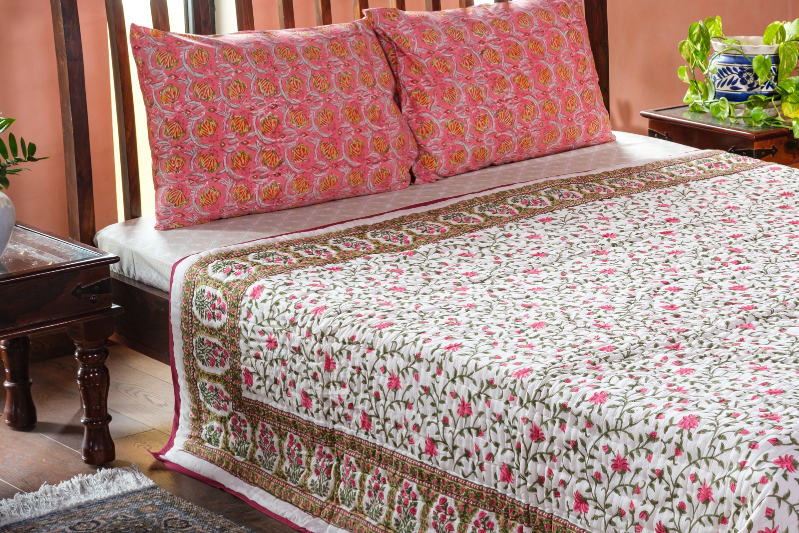 Queen Size Soft Cotton Quilt Handmade Floral Bale Pink 103562