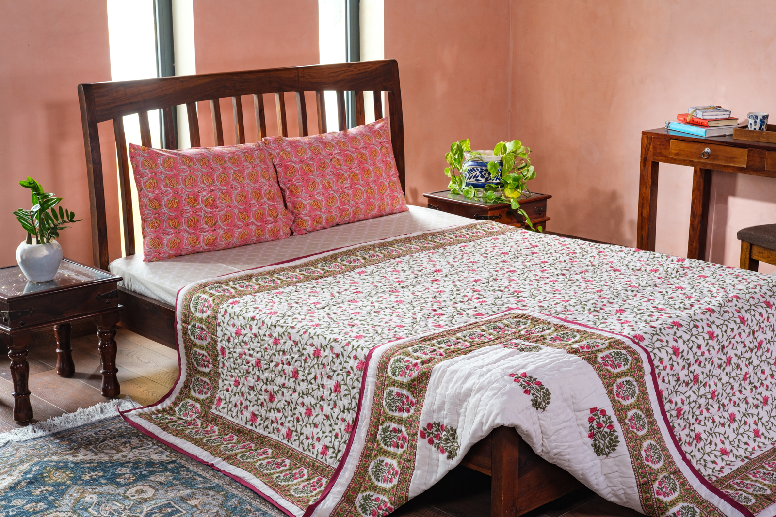 Queen Size Soft Cotton Quilt Handmade Floral Bale Pink 103562