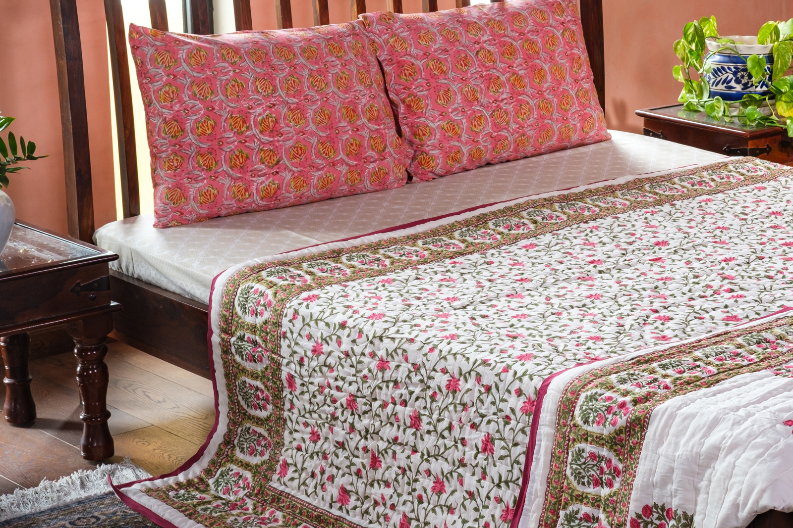 Queen Size Soft Cotton Quilt Handmade Floral Bale Pink 103562