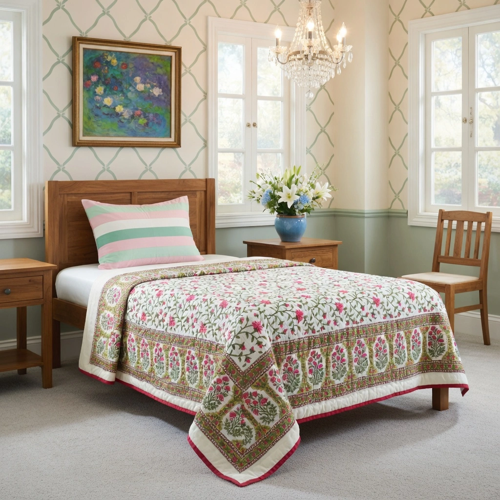 Hand Block Printed Cotton Twin Size Quilt Floral Bale Pink 103562