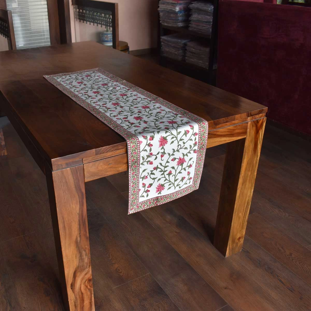 Hand Block Printed Cotton Canvas Table Runner 33x120 cms Floral Bale Pink 103562