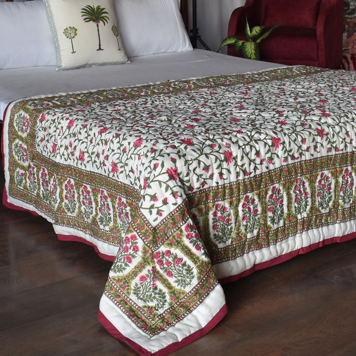 Hand Block Printed Cotton Twin Size Quilt Floral Bale Pink 103562