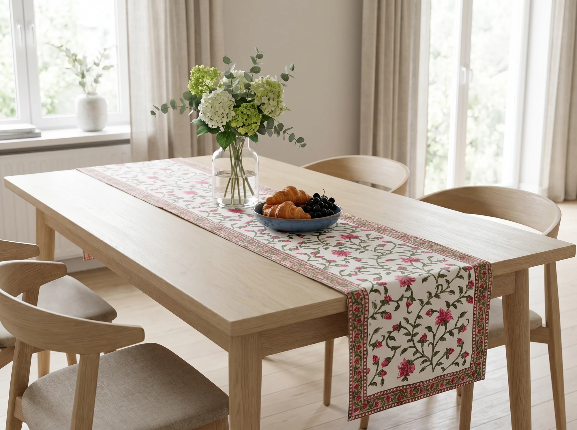 Hand Block Printed Cotton Canvas Table Runner 33x120 cms Floral Bale Pink 103562