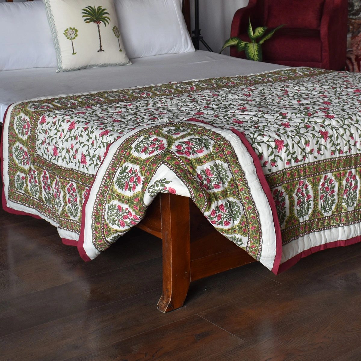Hand Block Printed Cotton Twin Size Quilt Floral Bale Pink 103562
