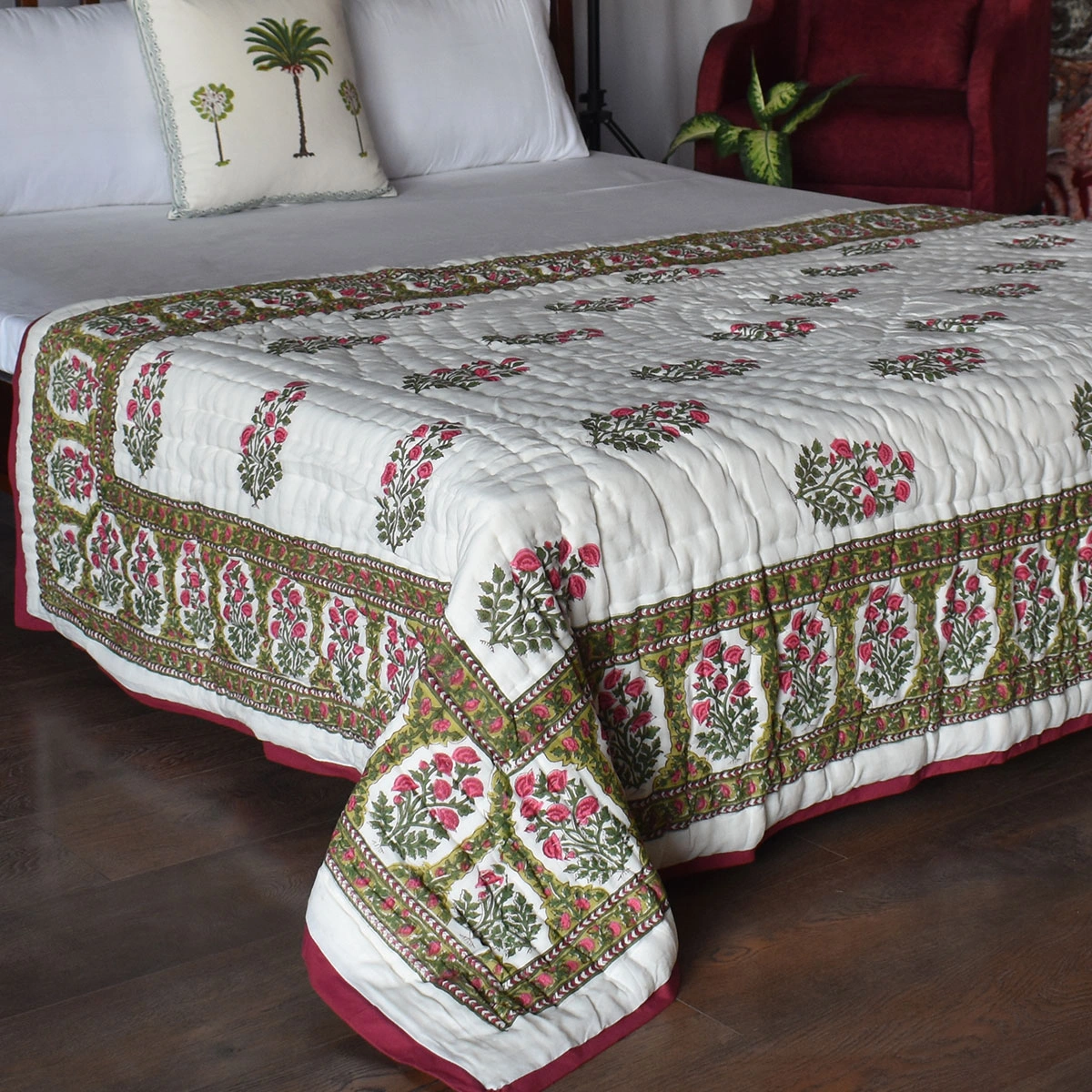 Hand Block Printed Cotton Twin Size Quilt Floral Bale Pink 103562