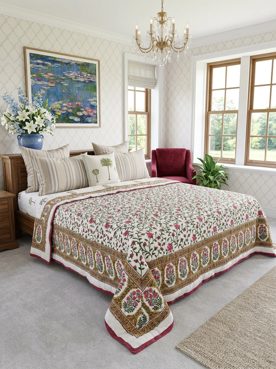Queen Size Soft Cotton Quilt Handmade Floral Bale Pink 103562