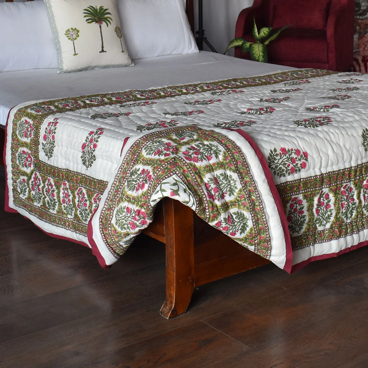 Hand Block Printed Cotton Twin Size Quilt Floral Bale Pink 103562