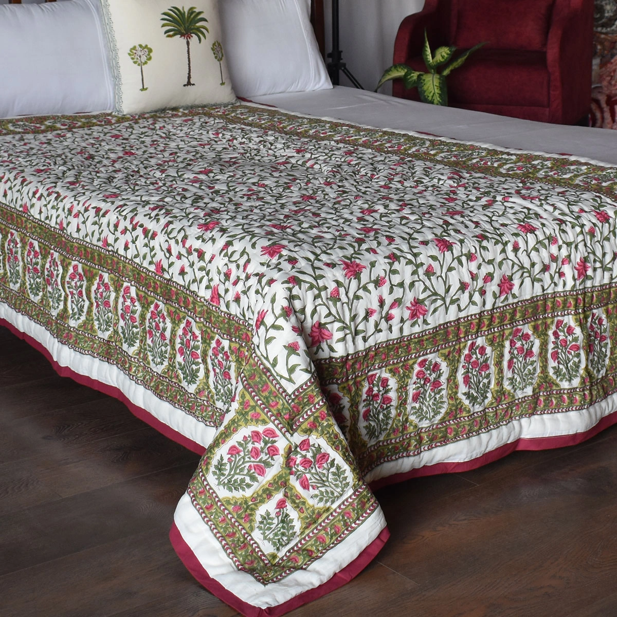 Hand Block Printed Cotton Twin Size Quilt Floral Bale Pink 103562